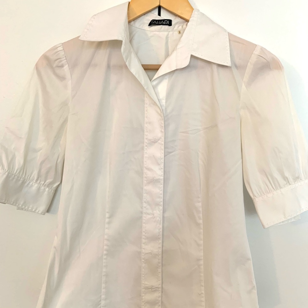 Tahari white button down shirt with puff sleeves
